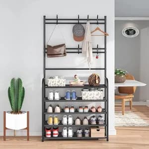 4-Tier Shoe Rack with Coat Rack & Hooks – Black
