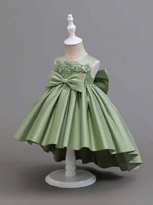 Princess girls big bow decor, floral lace trim satin dress