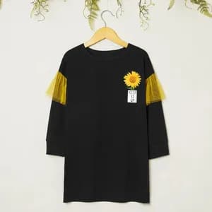 Fashionable Kid Girl Sunflower Mesh Long-sleeve Dress